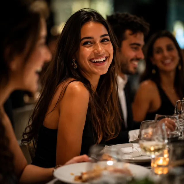Woman laughing confidently in group photo, bright smile