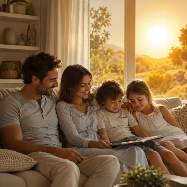 Family relaxing in cool bright living room during heat wave