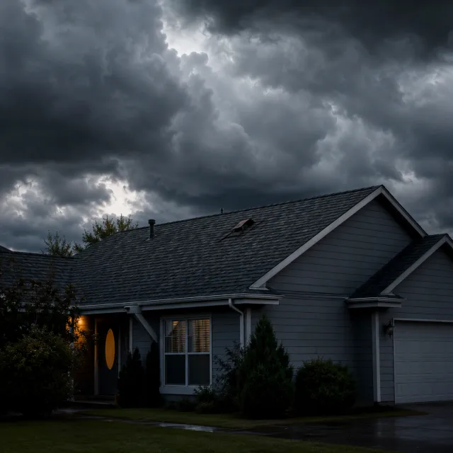 Dramatic storm clouds over home, water stain spreading on ceiling