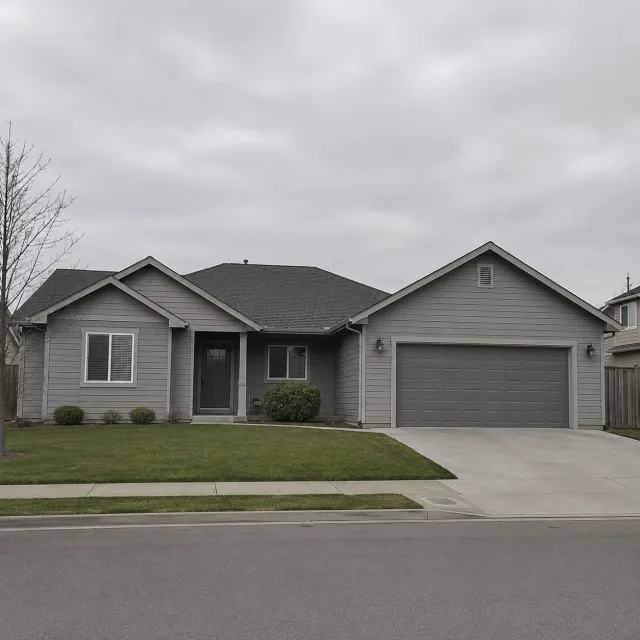 Gray house under overcast sky, dull
